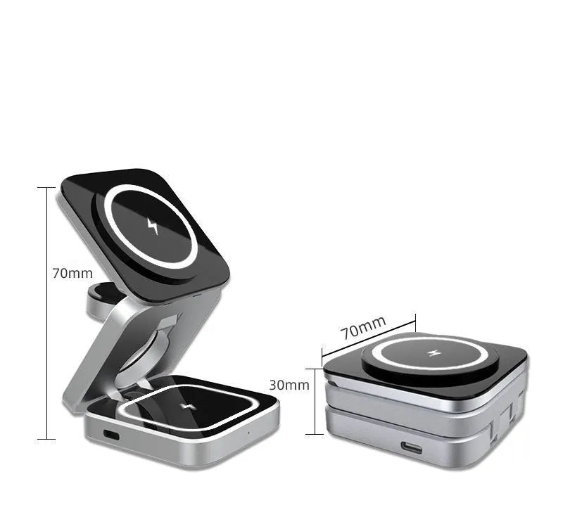 Foldable three-in-one wireless charging bracket for Apple, Samsung phones, and Google Pixel Watch on a desk.