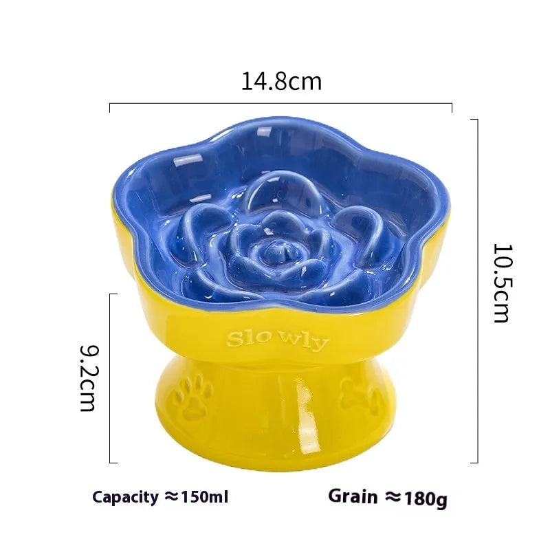 Black ceramic pet bowl with high foot neck protector design for dogs and cats