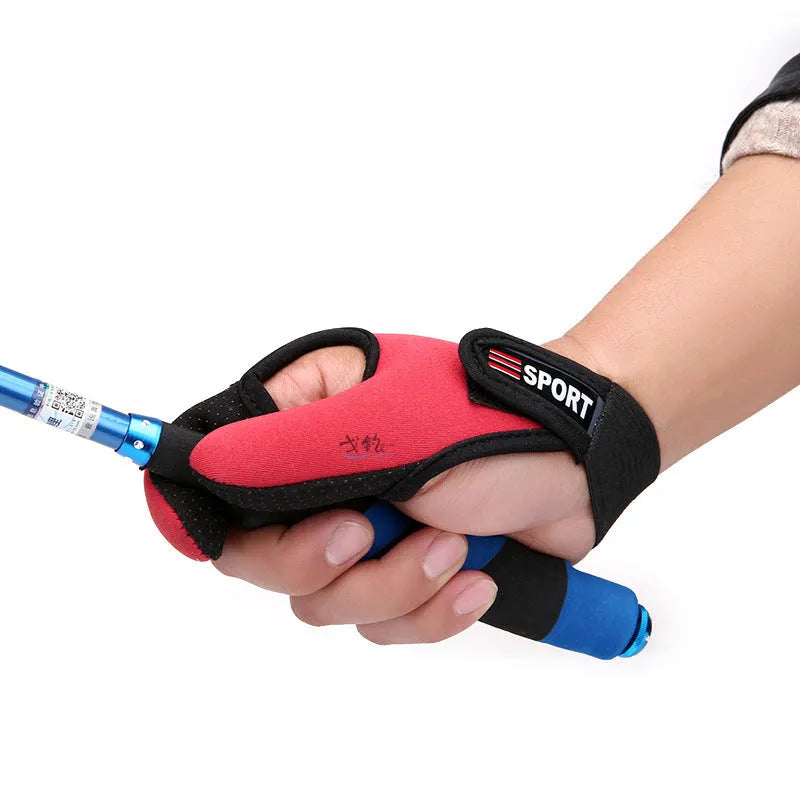 A single two-finger fishing glove showing the diving cloth back and microfiber palm, on a blue background.
