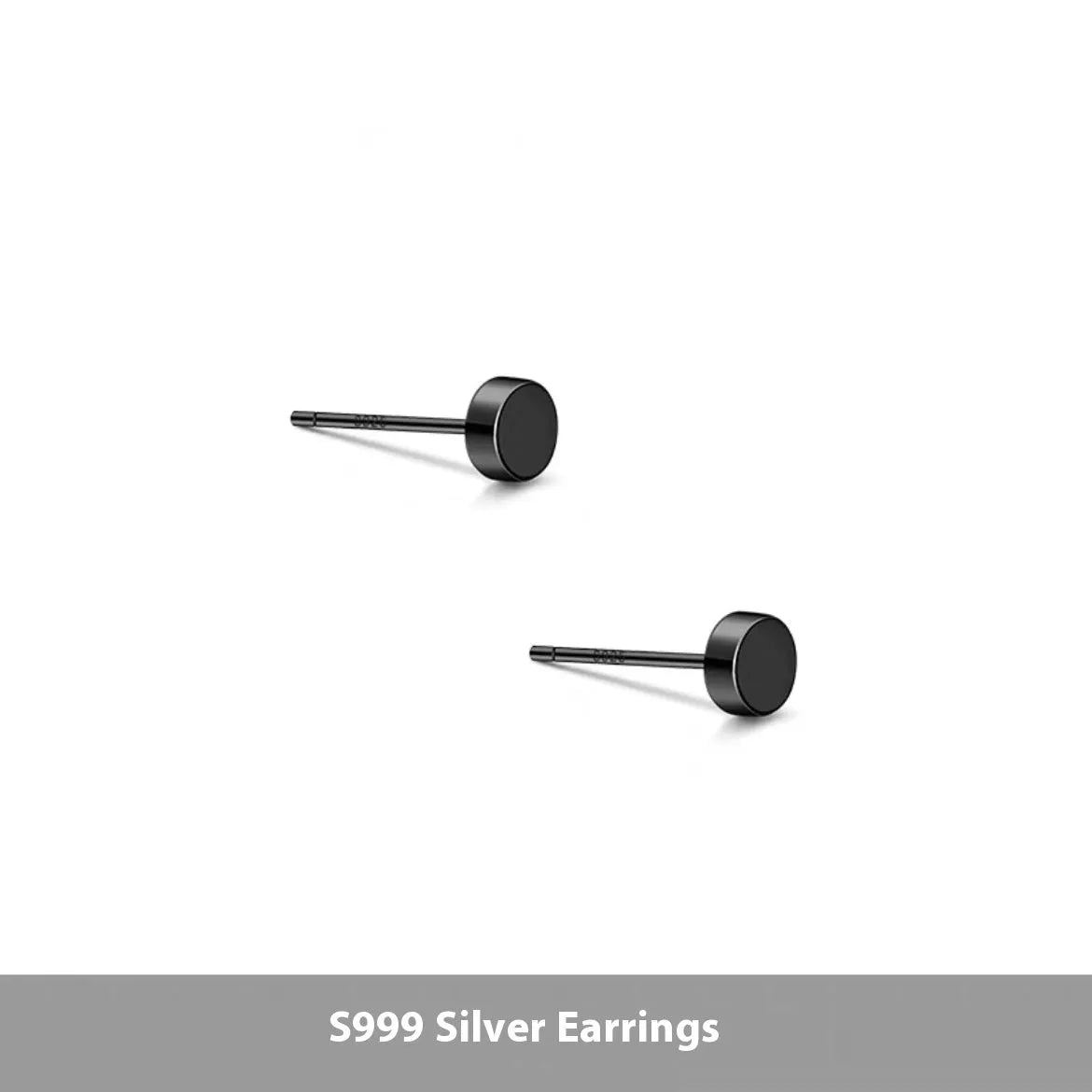 A pair of S999 sterling silver round flat stud earrings on a plain background, showing silver and black colour options.