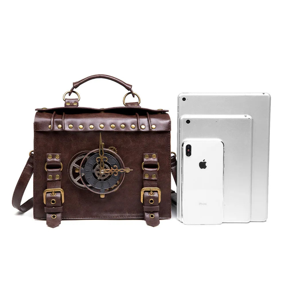 Bronze steampunk industrial retro shoulder bag with metal hardware and square pillow design