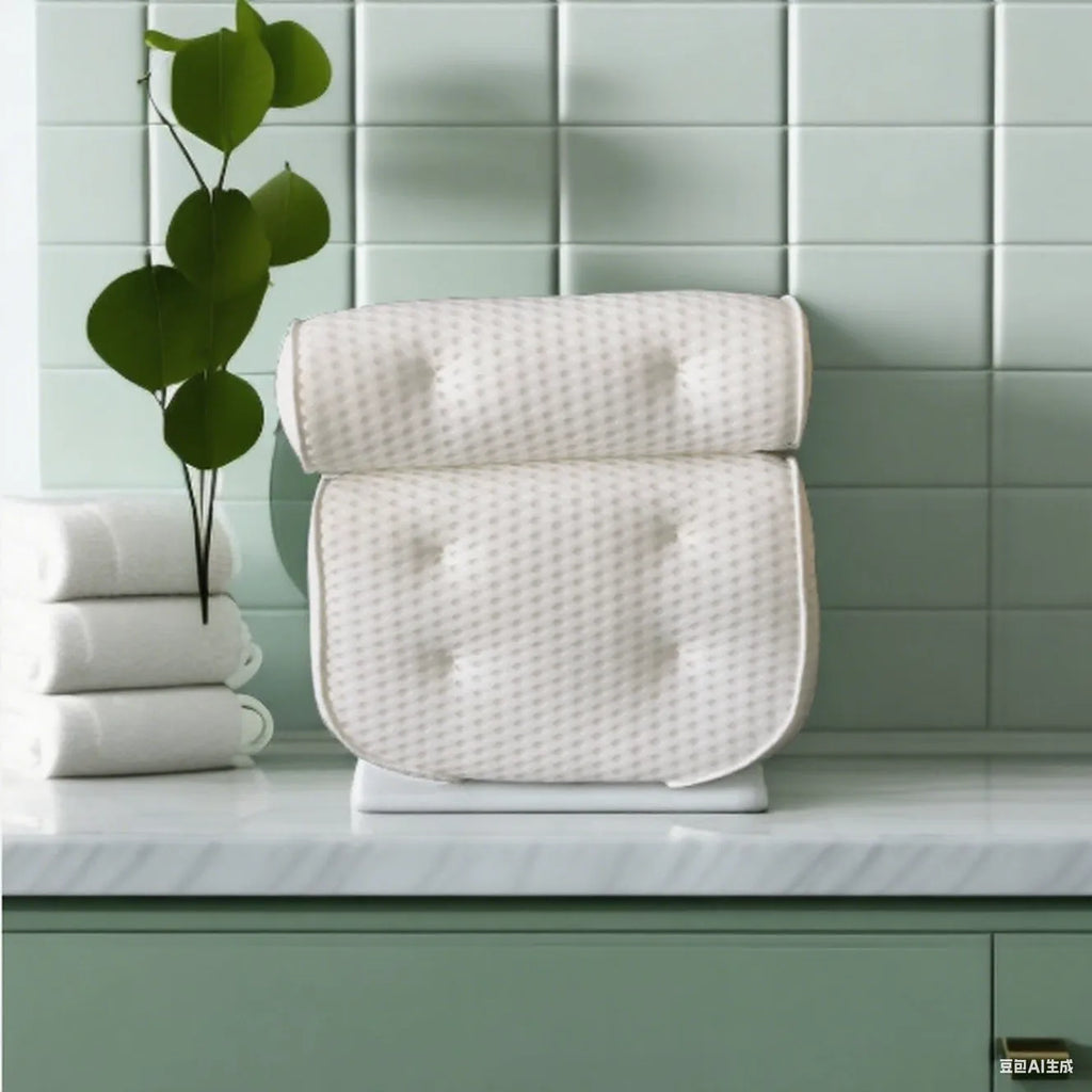White bathtub pillow with 7 suction cups on a breathable 3d mesh material.