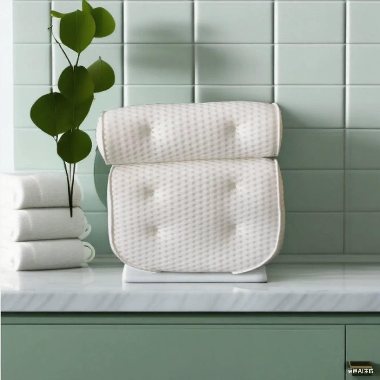 White bathtub pillow with 7 suction cups on a breathable 3d mesh material.