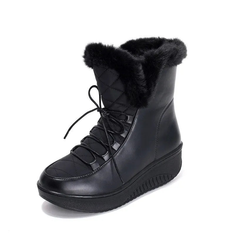 Black women's lace-up winter boots with a platform sole on a white background.