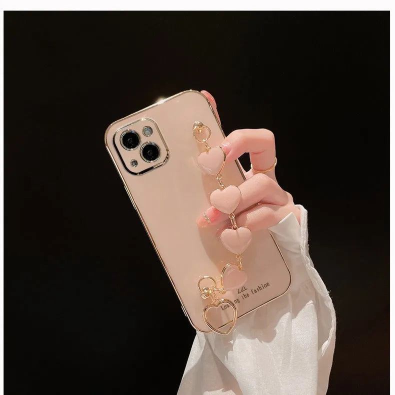 Soft silicone phone case for iPhone with rhinestone electroplate design and lanyard chain for shockproof protection