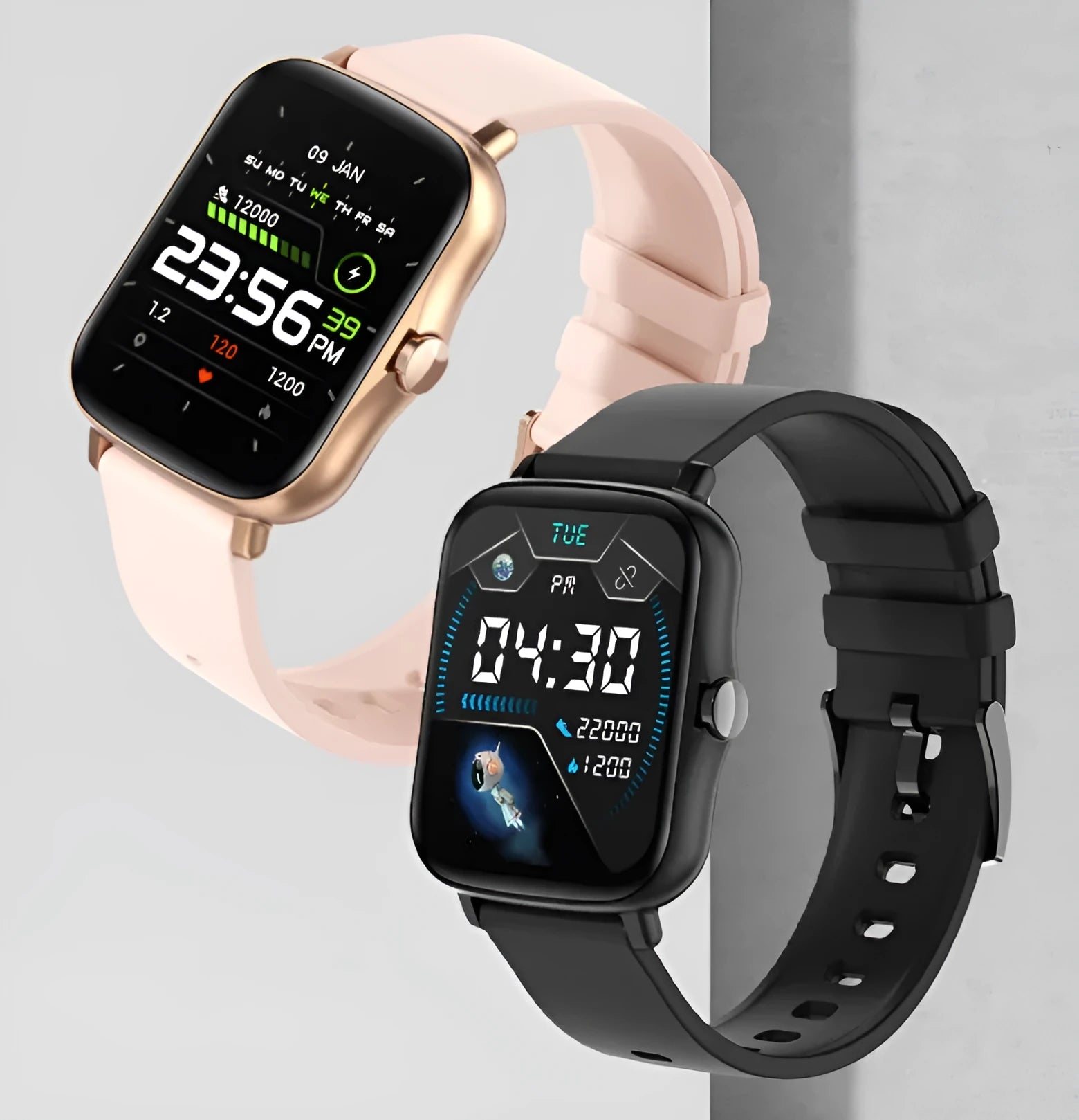 Blue smart watch with 1.7-inch touch screen on adjustable silicone strap