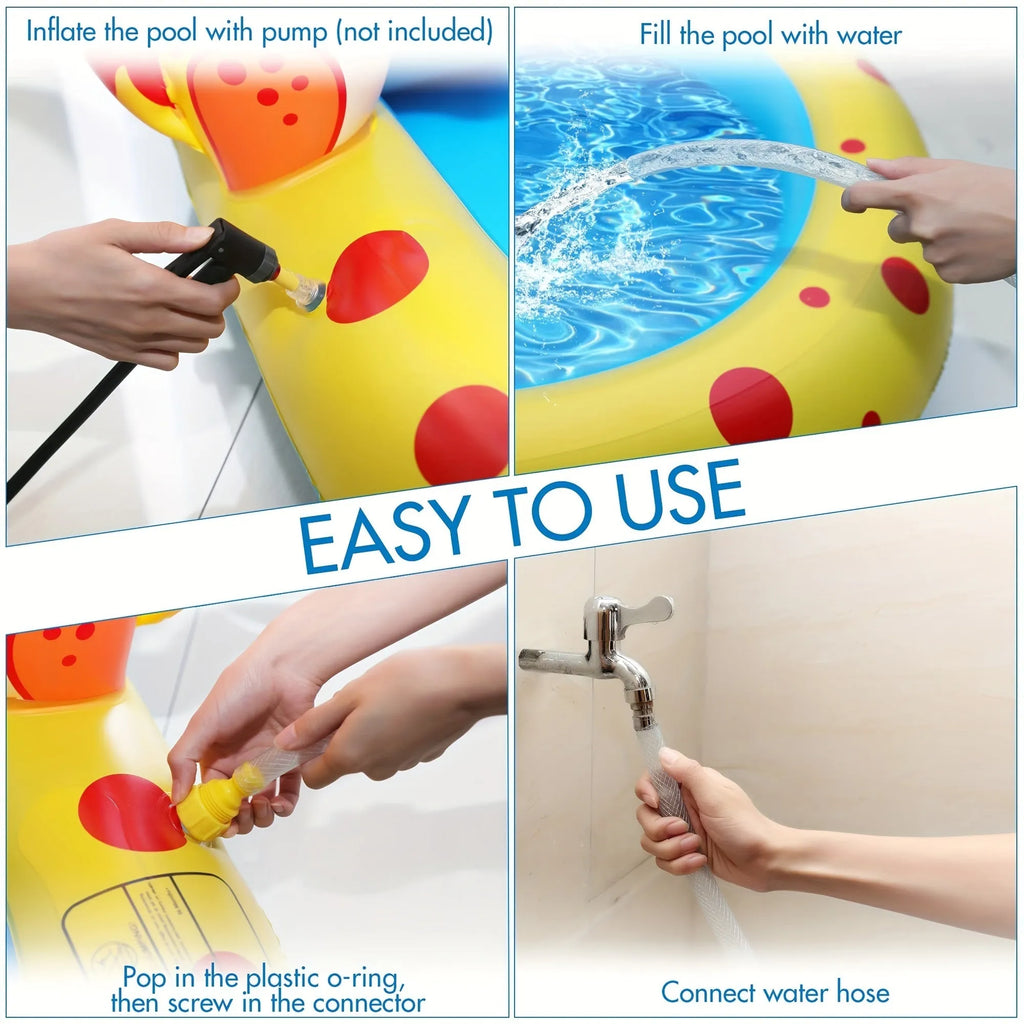 Blue dinosaur-shaped inflatable water pool with multiple sprayers for children's outdoor play