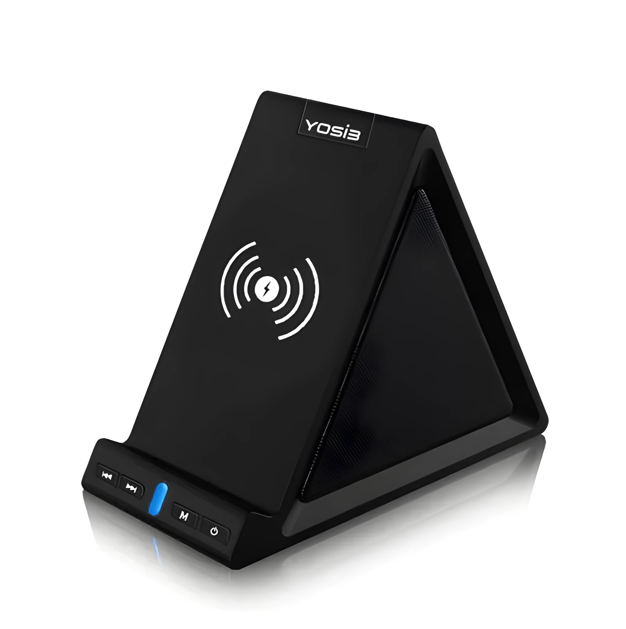 Black multifunctional Bluetooth speaker with integrated wireless charger and phone stand
