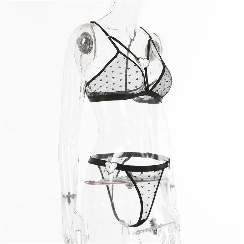 Ladies' black mesh spandex two-piece set comprising a top and trousers