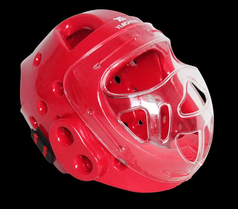 Karate boxing head protection helmet shown in white, blue, and red colour options.