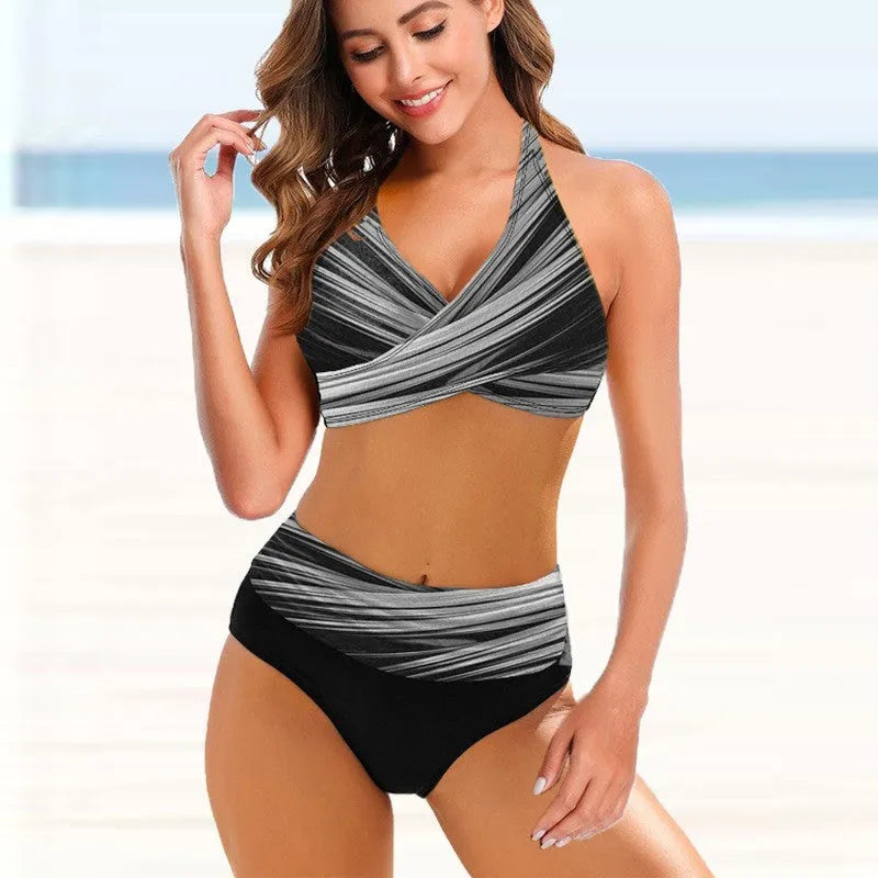 Women's striped tie-dye hollow cut bikini swimsuit with high-waisted briefs and backless styling