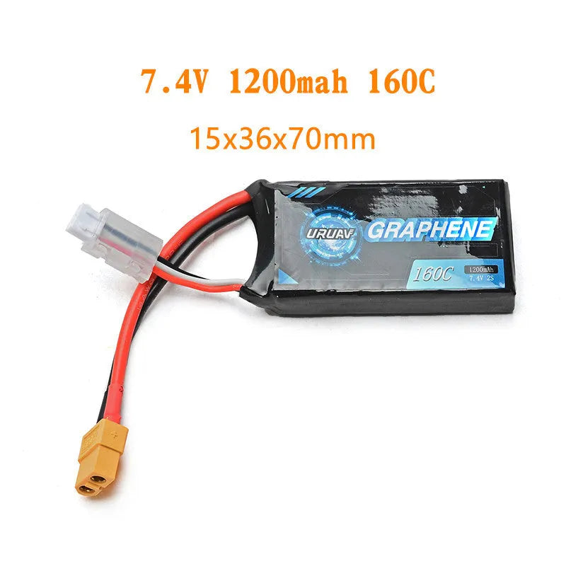 7.4V 1200mAh lithium polymer RC battery for model cars and ships.