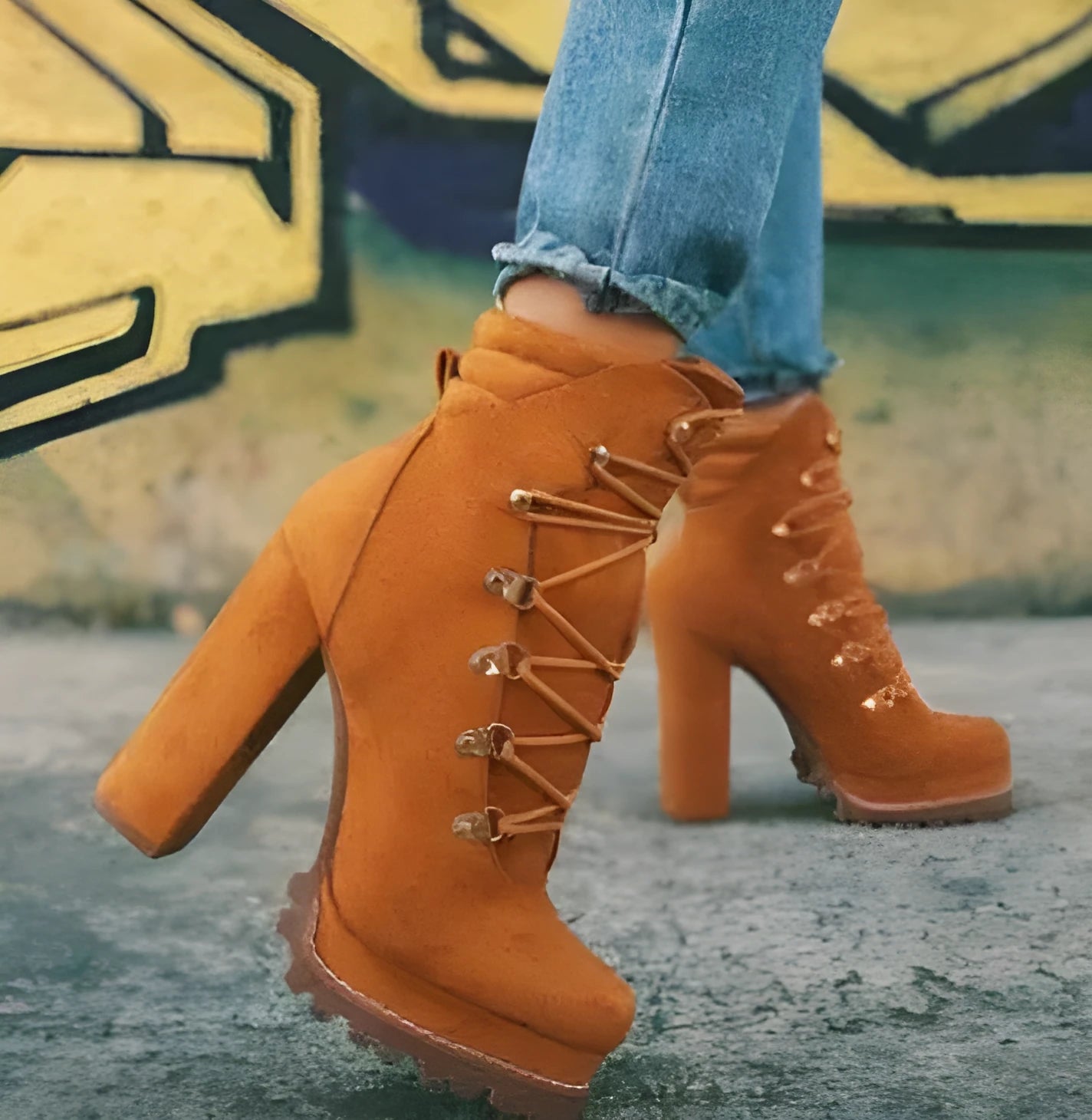 Women's suede high heel ankle boots with waterproof platform in yellow, black, wine red, and army green colours