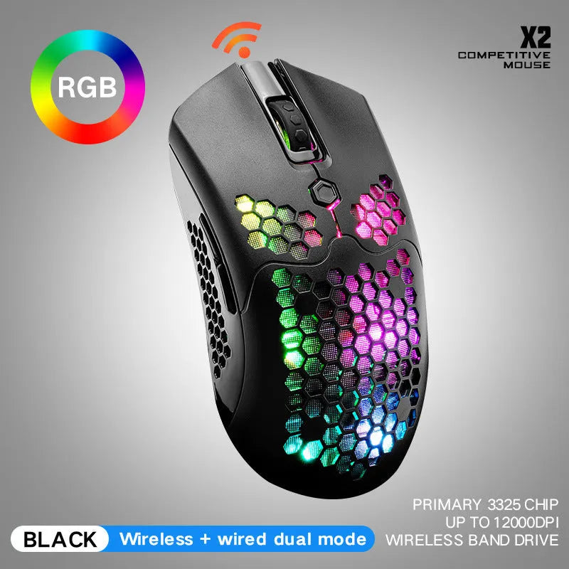 Free Wolf X2 wireless gaming mouse with RGB lighting shown in black, green, pink, white, and yellow colour variants.