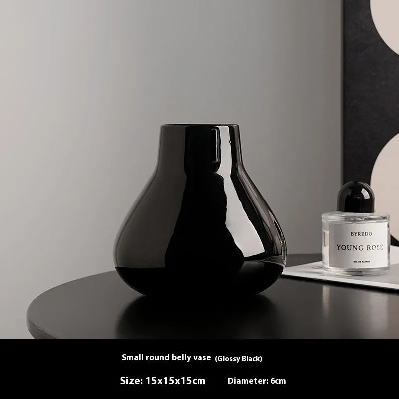 Black and white ceramic round belly French high sense decorative vases with artificial flower arrangements