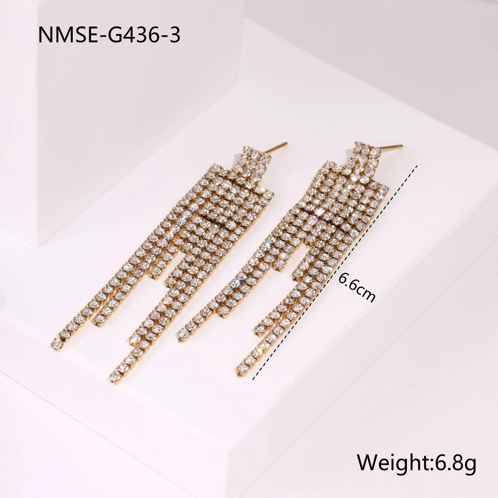 Women's stainless steel earrings with diamond tassel designs in heart, star and geometric shapes with 18K electroplated finish