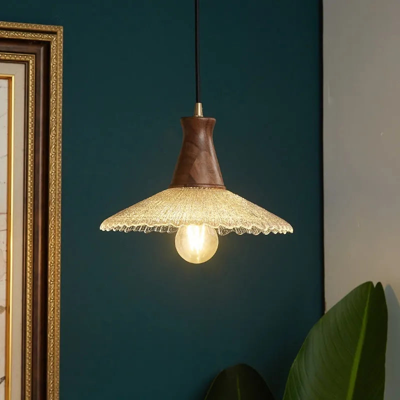 Retro wood and glass ceiling chandelier with brass finish for restaurant lighting