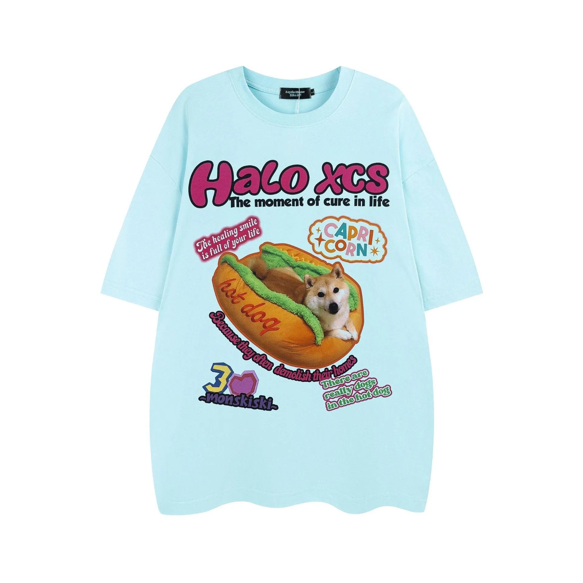 Cartoon hamburger dog printed short-sleeved T-shirt in 100% cotton