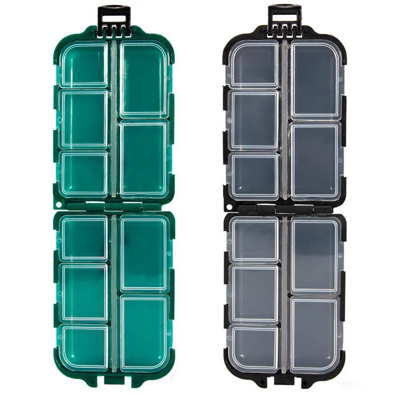 Plastic fishing tackle storage box with 10 compartments in black, blue, or green.