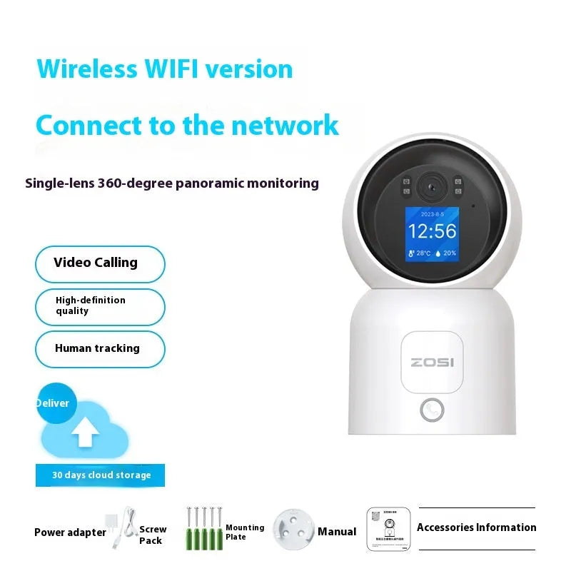 Zhou Shi wireless indoor security camera with large colour screen and plastic housing on a screw-fixed bracket.