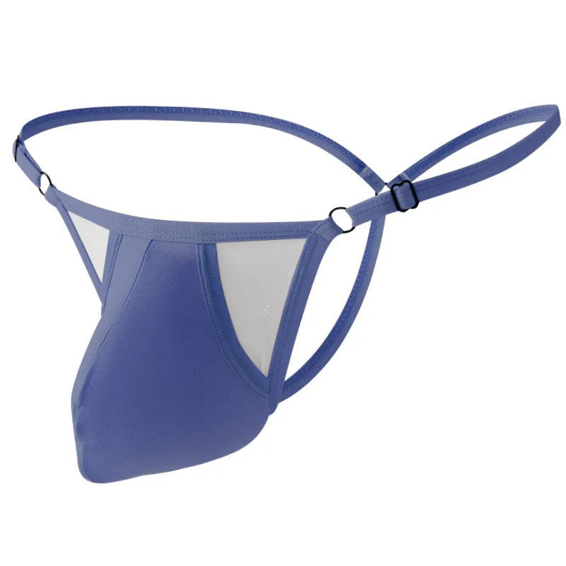 Men's black ice silk T-back panties with thin straps and a geometric pattern laid flat.