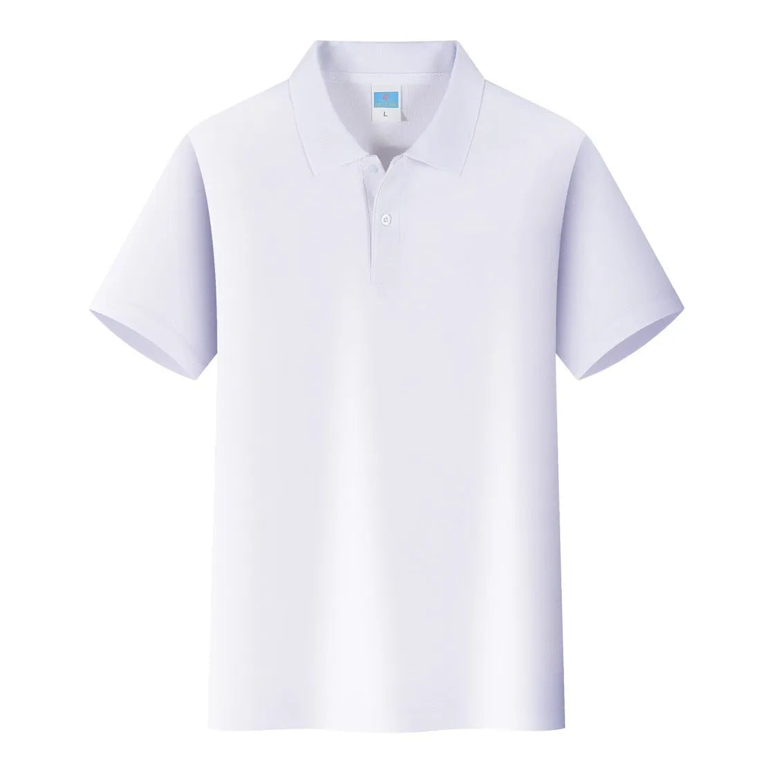Men's short-sleeved cotton work shirt on a hanger, straight pullover style for embroidery.