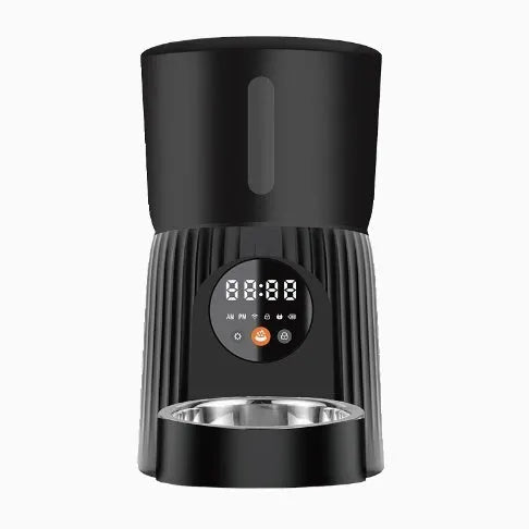 Black and white automatic pet feeder with mobile app remote control and USB power connection