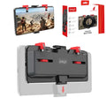 Black mobile phone gaming trigger handle with adjustable metal trigger and telescopic phone clip extended