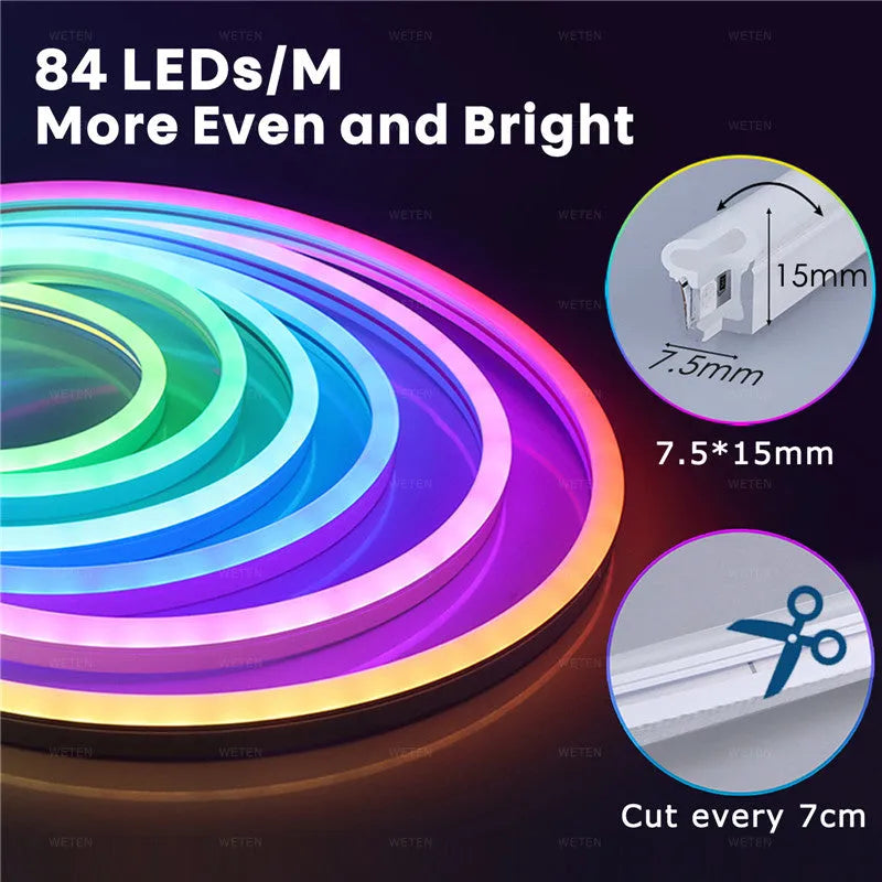 12V LED flexible neon light strip with full colour flowing light, app and voice control, 72 LEDs per metre