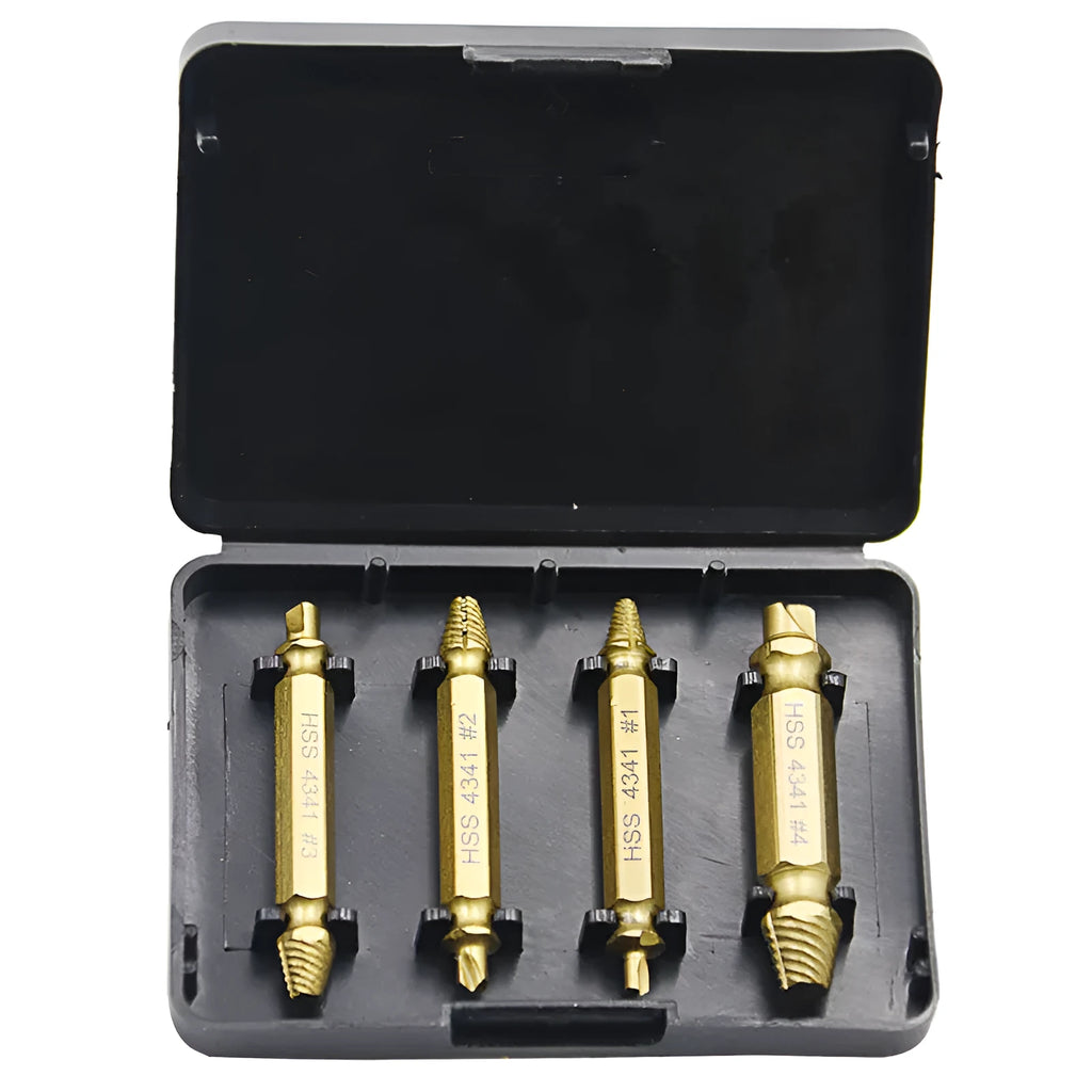 4341 high-speed steel screw extractor set with five tools for removing stripped screws and nails.