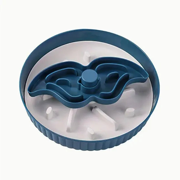 Grey plastic pet bowl with rotating windmill-pattern slow feeder licking mat inside