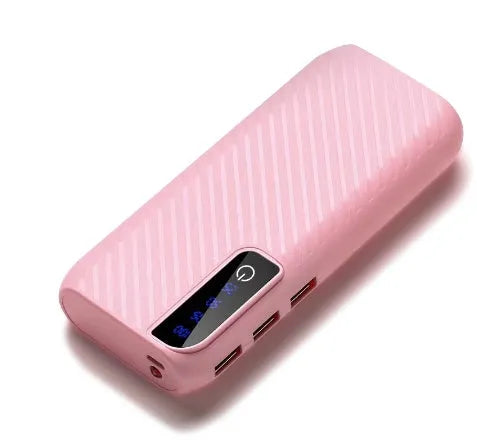 20000mAh mini power bank in black, blue, pink, or white, showing compact size and USB ports.