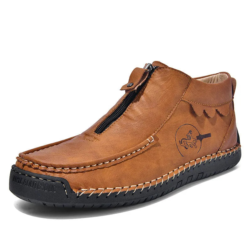 Men's black slip-on casual loafers with a round toe and rubber sole on a white background.