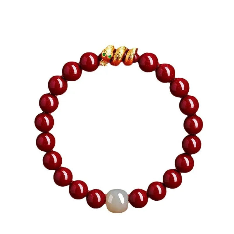 Handmade Chinese Zodiac snake charm bracelet made from cinnabar, showing 8mm beads.