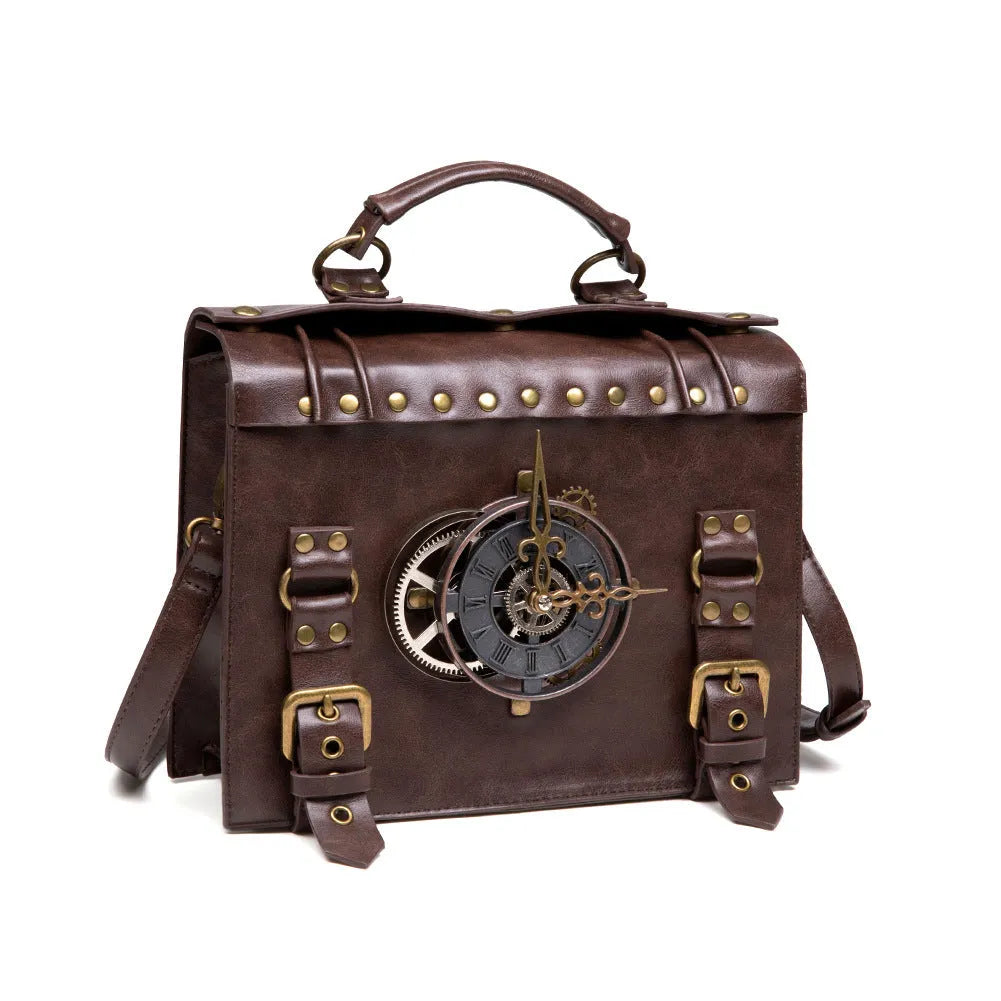 Bronze steampunk industrial retro shoulder bag with metal hardware and square pillow design