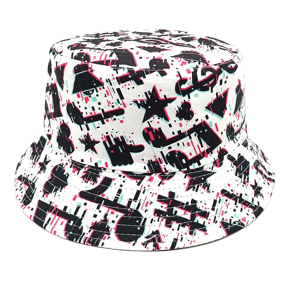 Retro bucket hat with white musical note print on a dark background, showing dome crown.