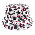 Retro bucket hat with white musical note print on a dark background, showing dome crown.