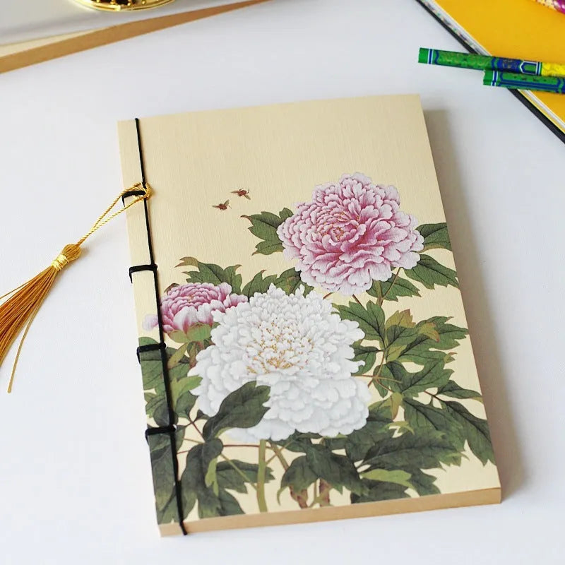 A5 antique wire-bound notebook with retro painting design on white cowhide cover