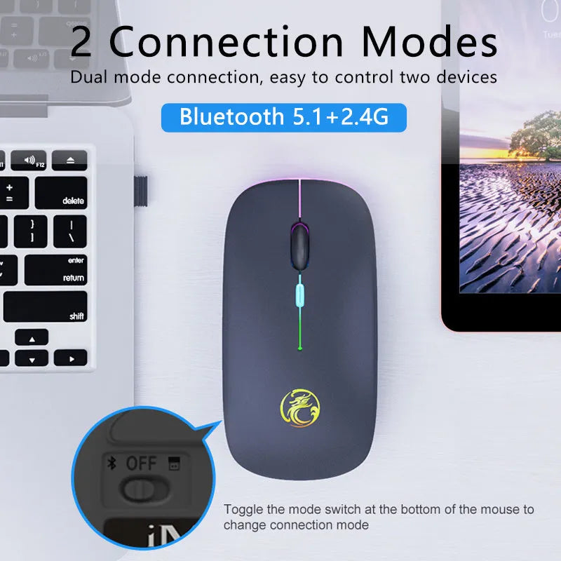 Black and white wireless mouse with luminous scroll wheel showing Bluetooth and silent button features