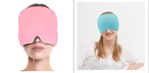 Cold therapy gel eye mask for headache relief in black colour on forehead