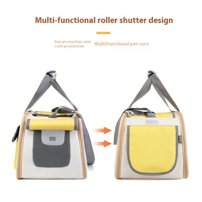 A foldable canvas pet shoulder bag in yellow colour, shown with a single strap.