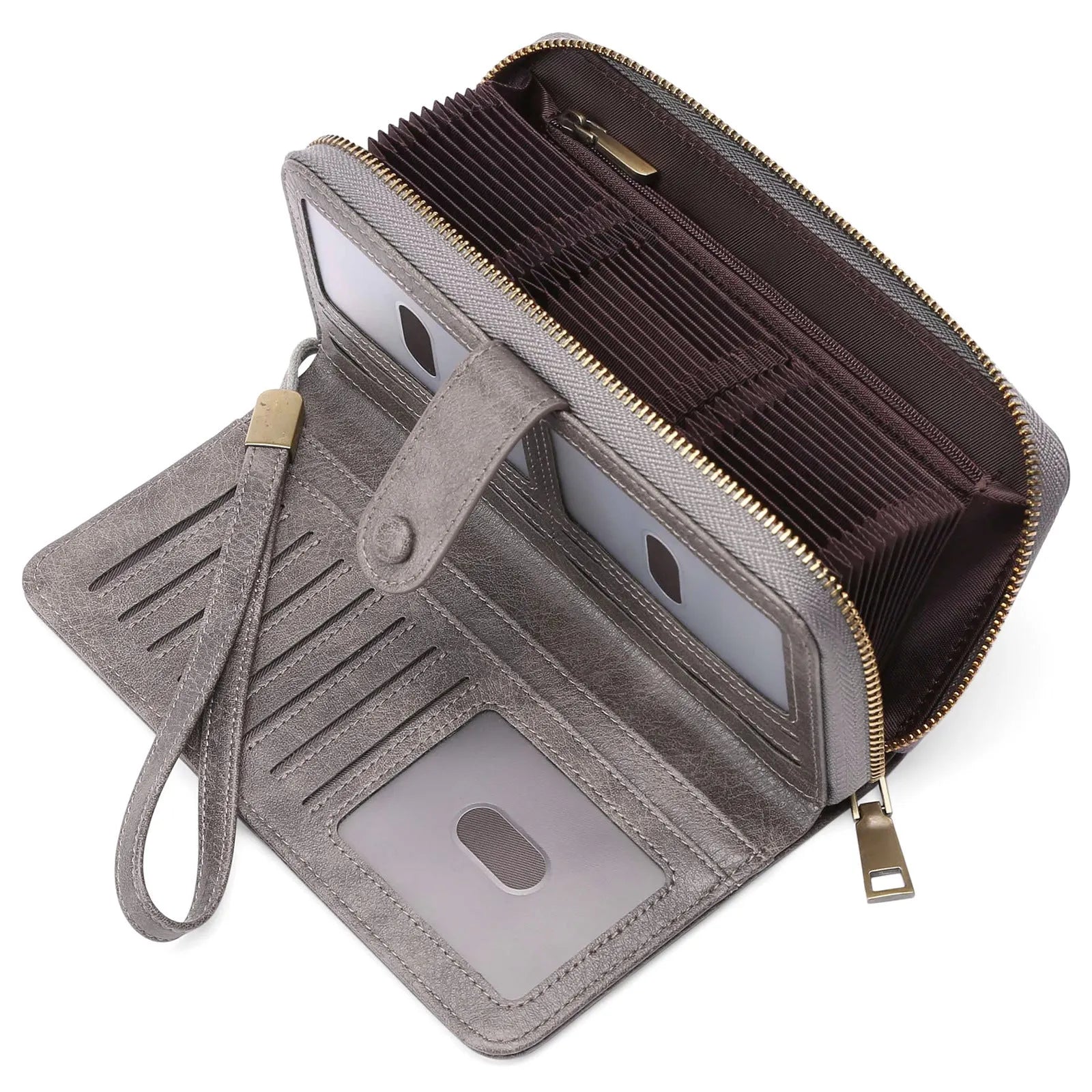 Women's expanding long wallet in denim blue showing card slots and passport pocket with anti-theft swiping feature