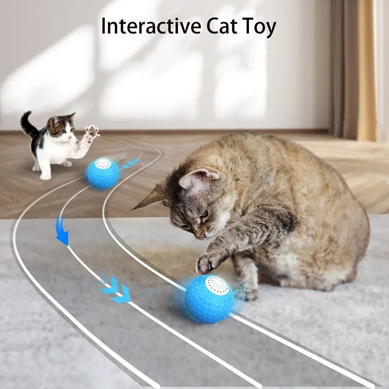Blue remote control cat toy with rolling ball mechanism and feather attachment