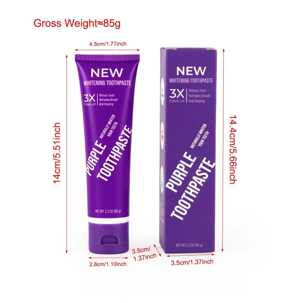 Purple whitening toothpaste tube for adults to remove yellow stains, shown in 120g size.
