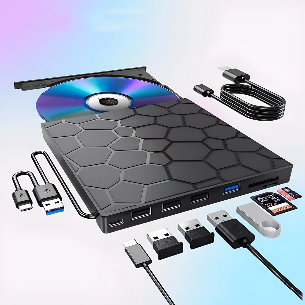 Black external USB CD/DVD drive with compact dimensions for computer optical disc reading and writing