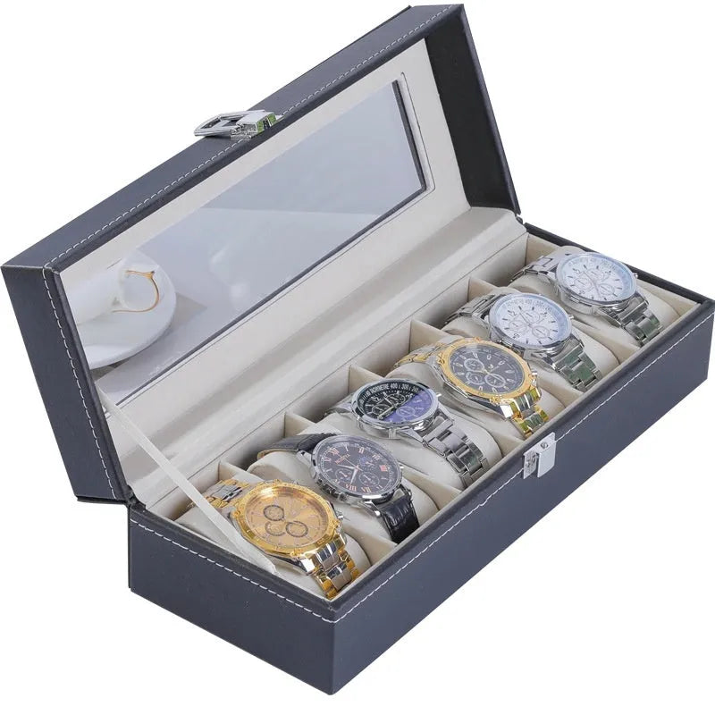 Grey high-grade leather watch storage box with clear dustproof lid showing multiple watch slots inside.