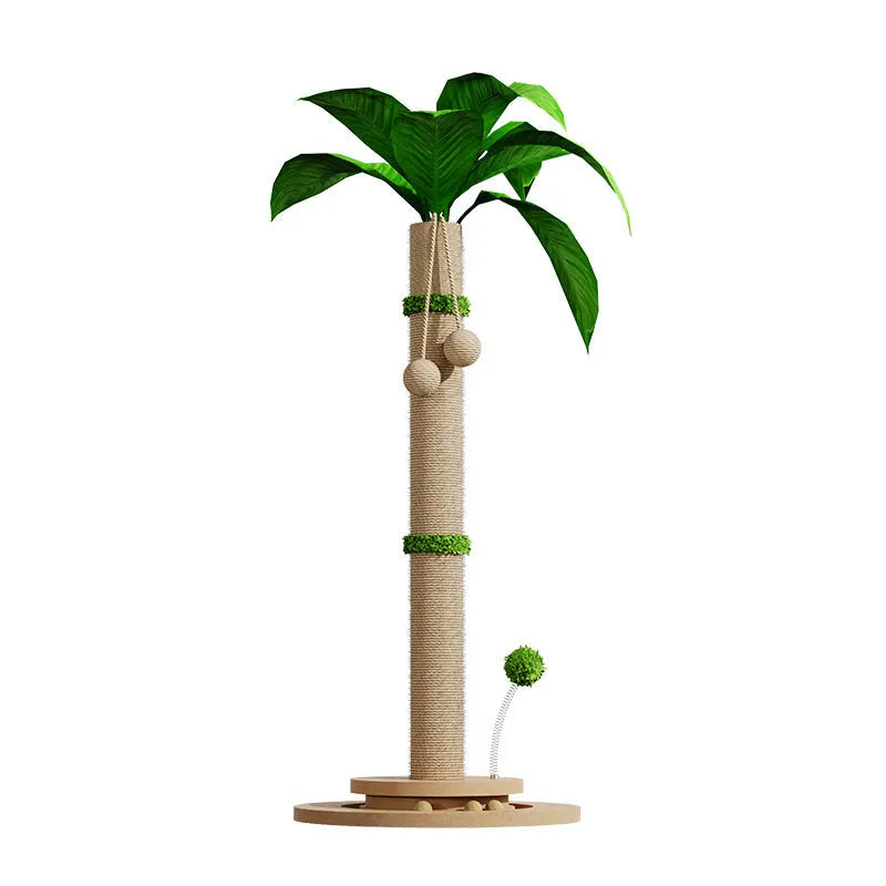 Vertical cat climbing frame with natural hemp rope and cannabeveled scratching posts.
