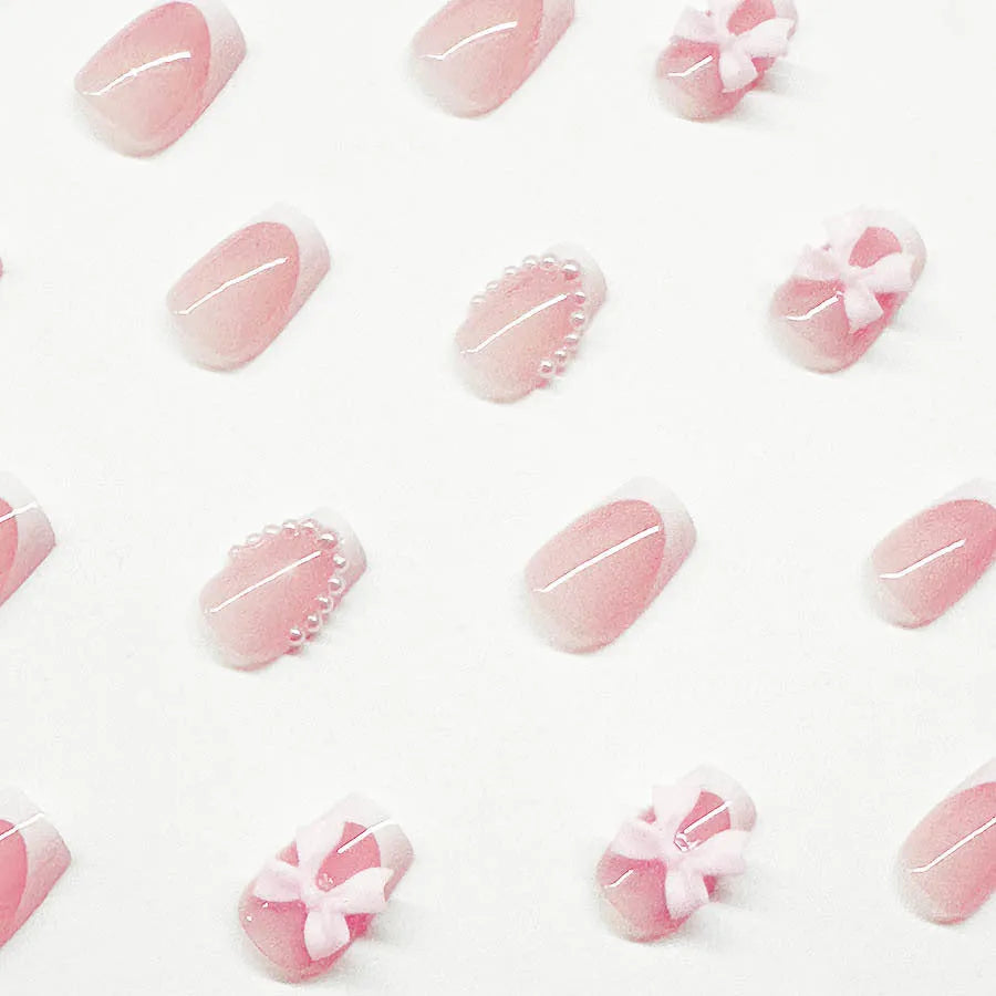 French manicure false nails with bow designs in short European square shape