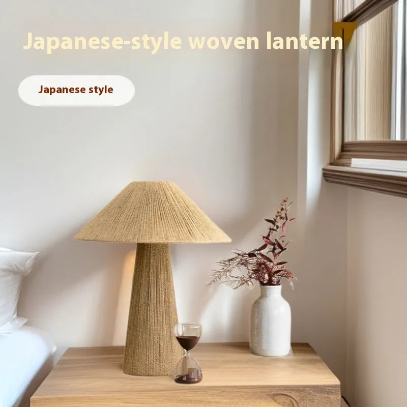 Japanese-style hand-woven rope table lamp with bamboo hat shade, 38cm diameter, tri colour dimmable