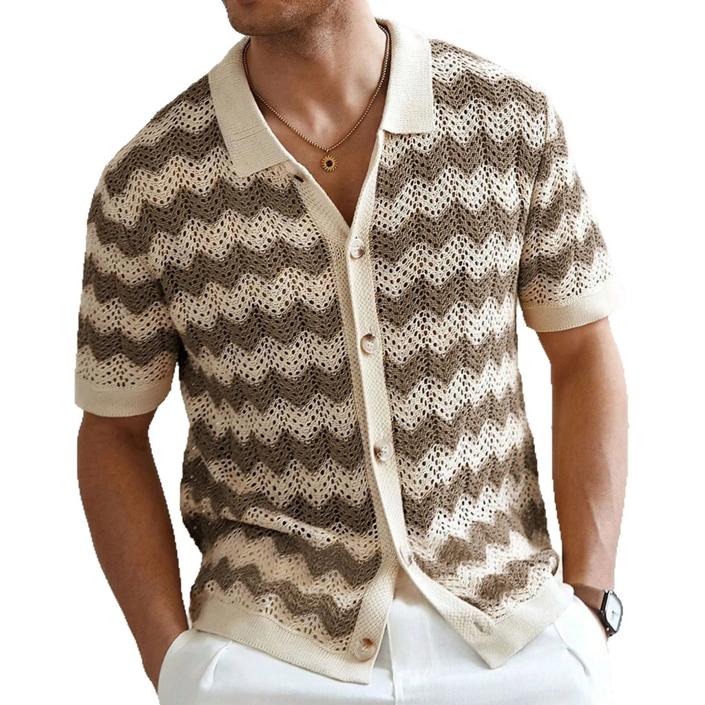 Tencel short sleeve sweater with hollow jacquard corrugated pattern in blue colour